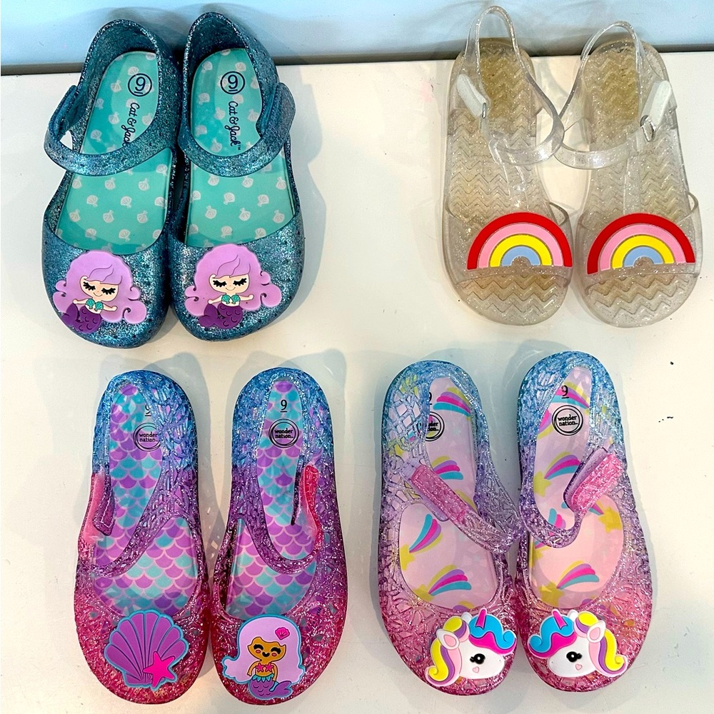Bundle of 4 pair of toddler jelly shoes (mermaid, rainbow, unicorn)